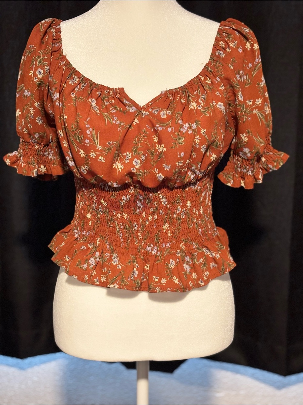 Papermoon Rust Floral Smocked Peplum Crop Top